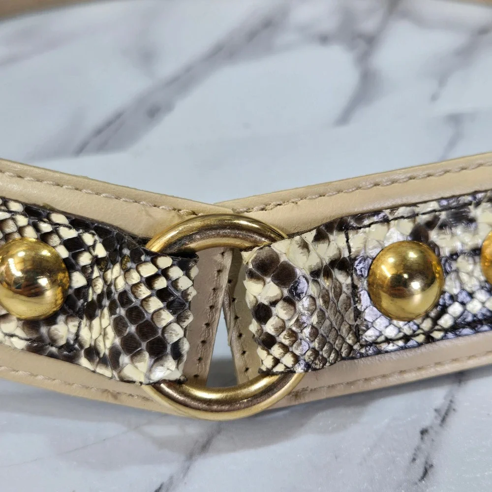 Vtg Avignon Leather Belt M Cream Snakeskin Print Gold Studs Western Cowboy Boho